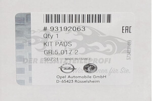 93192063 Bremsbelagsatz, Scheibenbremse Opel