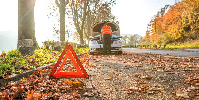 Auto auf dem Seitenstreifen mit aufgestelltem Warndreieck